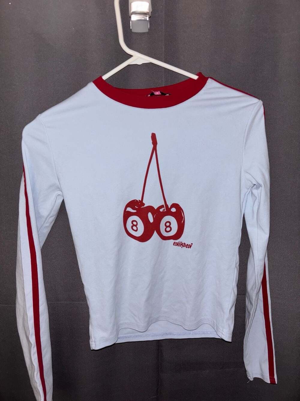 Edikted Long Sleeve Ringer T-Shirt with 8-Ball Cherry Graphic Light Blue Size S